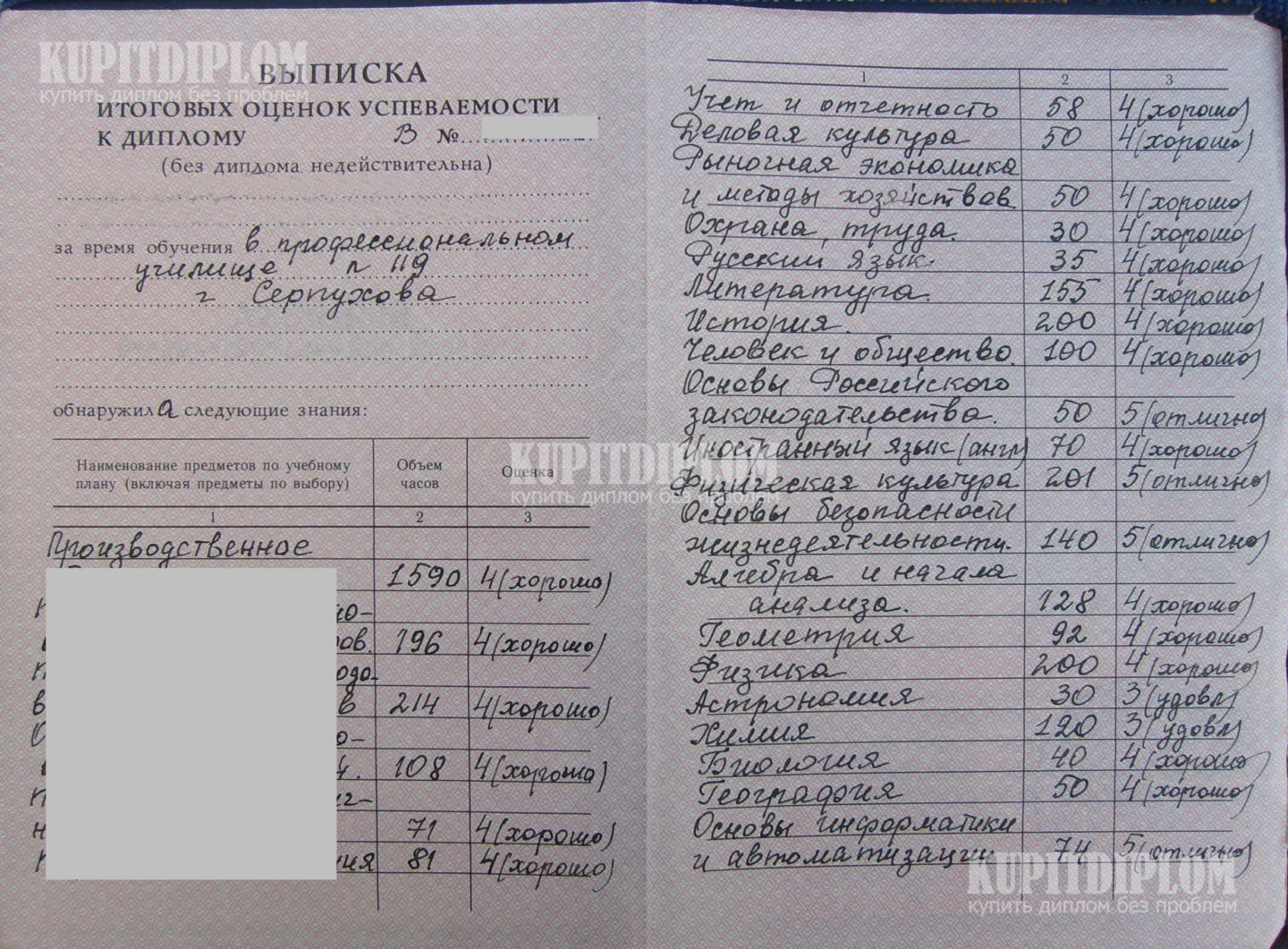 Предметы в приложении диплома ПТУ № 119 г. Серпухово Московской обл. 2001 года выдачи
